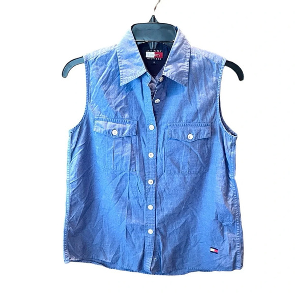 Tommy Hilfiger women sleeveless button cotton chambray top 8 blue coastal beach - Picture 1 of 10